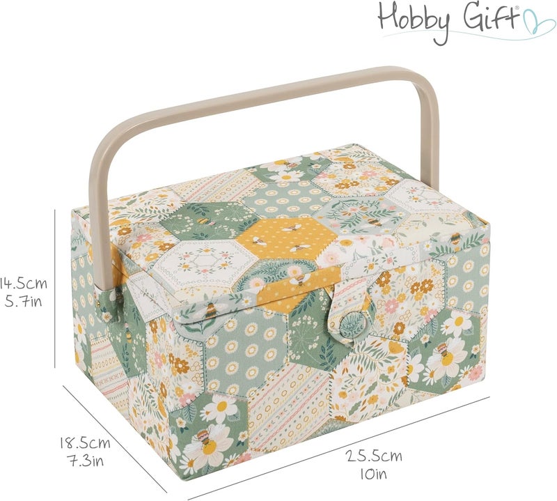 Hobby Gift Medium Sewing Craft & Hobby Storage Box, Accessories Tray Pin Cushion Pockets, 10 x 7.3 x 5.7" - Patchwork Bees - Image 4